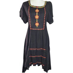 FREE PEOPLE Black Orange Floral Embroidered High-Low Peasant Dress Women's XS